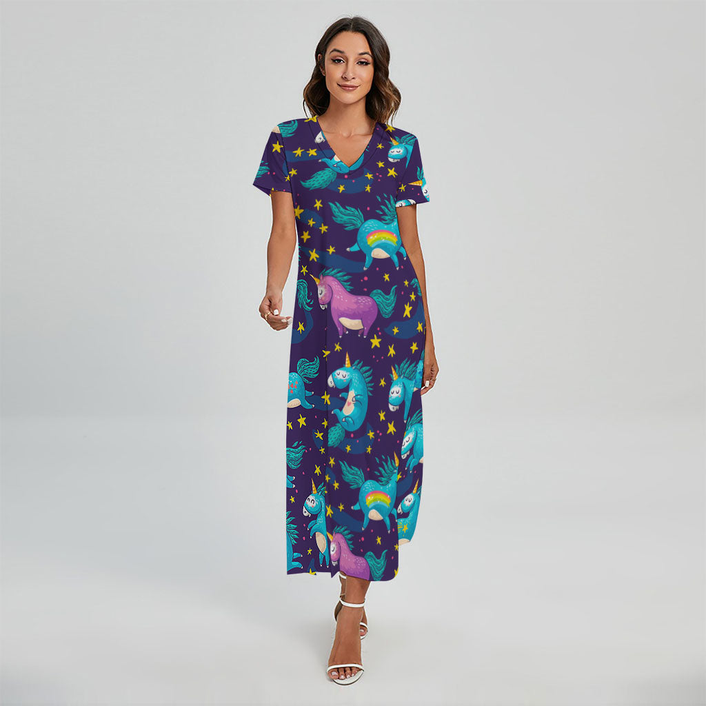 Night Star Unicorn Pattern Print Short Sleeve Maxi Dress