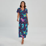Night Star Unicorn Pattern Print Short Sleeve Maxi Dress