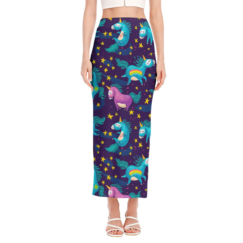 Night Star Unicorn Pattern Print Side Slit Maxi Skirt