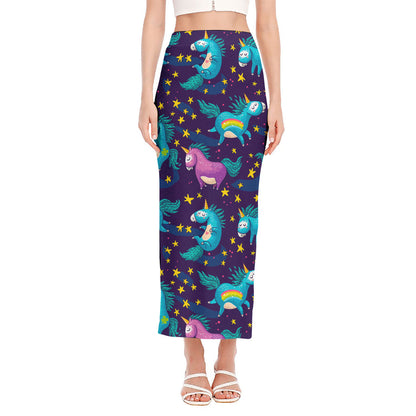 Night Star Unicorn Pattern Print Side Slit Maxi Skirt