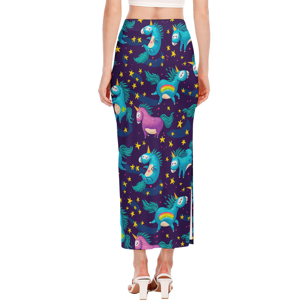 Night Star Unicorn Pattern Print Side Slit Maxi Skirt