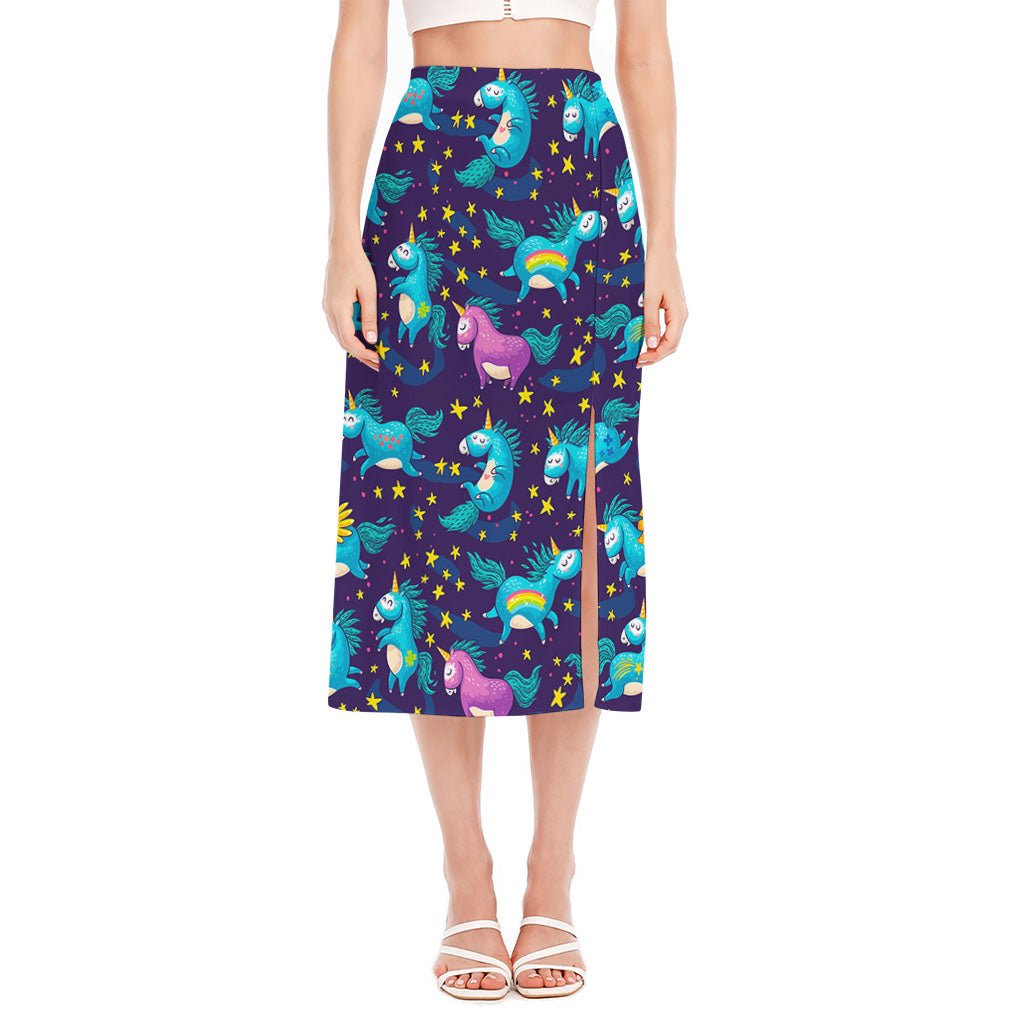 Night Star Unicorn Pattern Print Side Slit Midi Skirt