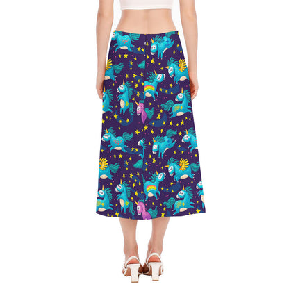 Night Star Unicorn Pattern Print Side Slit Midi Skirt