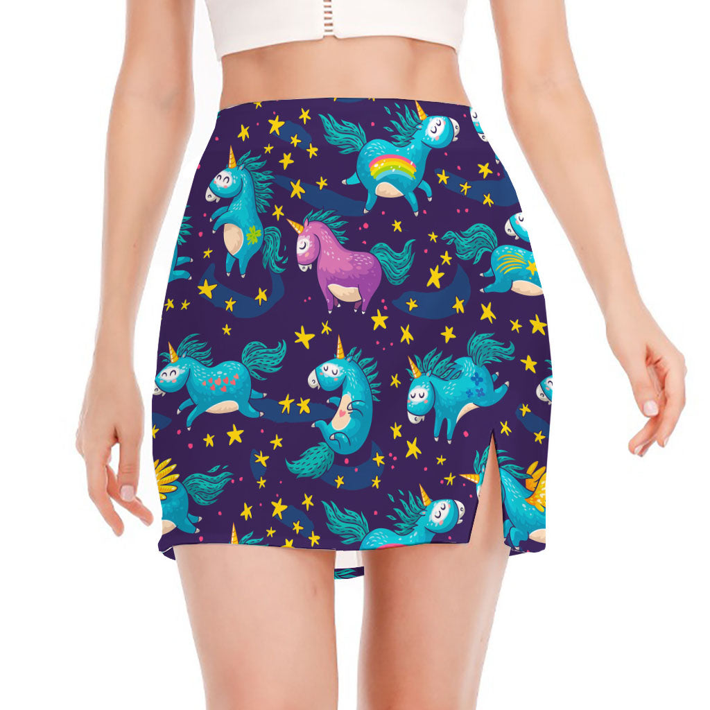 Night Star Unicorn Pattern Print Side Slit Mini Skirt