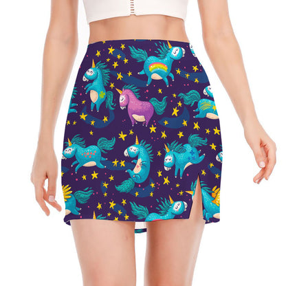 Night Star Unicorn Pattern Print Side Slit Mini Skirt