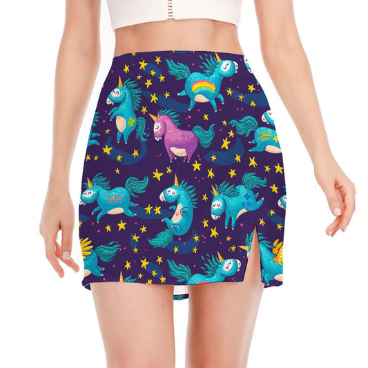 Night Star Unicorn Pattern Print Side Slit Mini Skirt