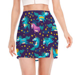 Night Star Unicorn Pattern Print Side Slit Mini Skirt
