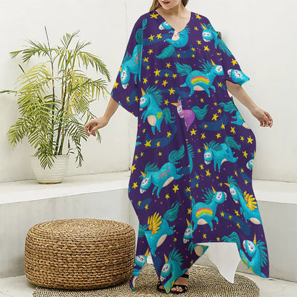 Night Star Unicorn Pattern Print Silk V-Neck Kaftan Dress