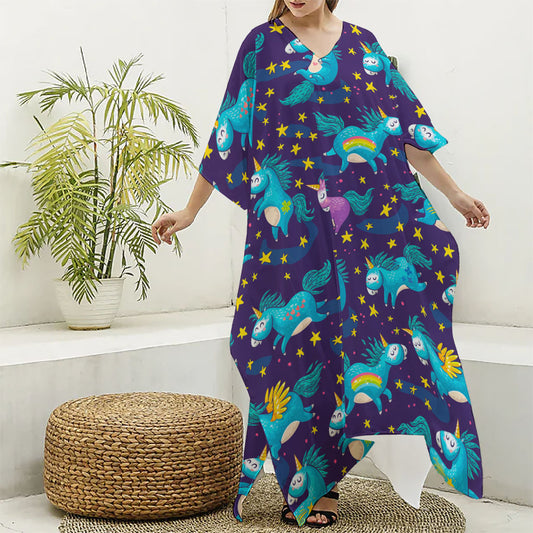 Night Star Unicorn Pattern Print Silk V-Neck Kaftan Dress