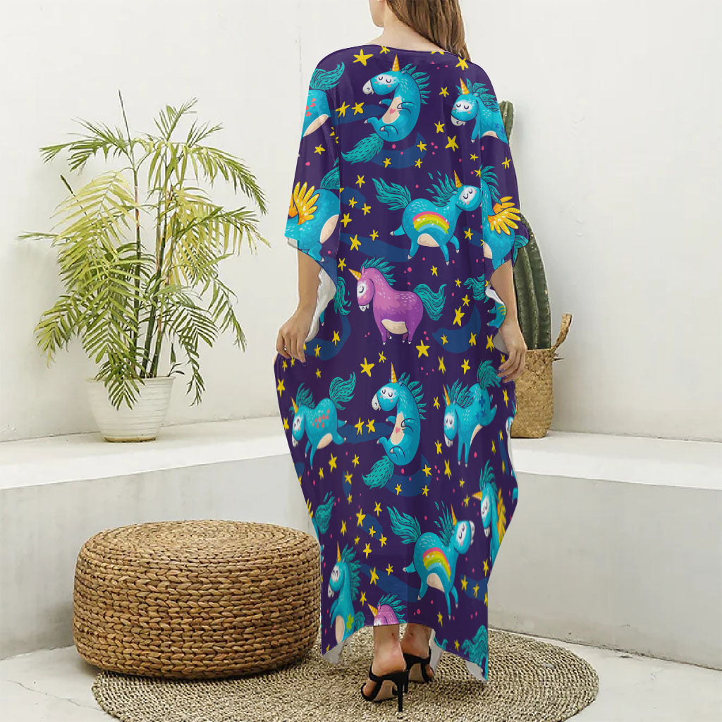 Night Star Unicorn Pattern Print Silk V-Neck Kaftan Dress