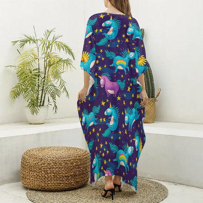 Night Star Unicorn Pattern Print Silk V-Neck Kaftan Dress