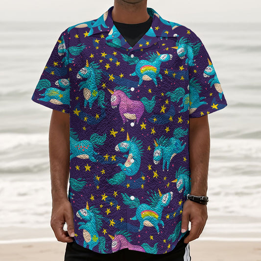 Night Star Unicorn Pattern Print Textured Short Sleeve Shirt