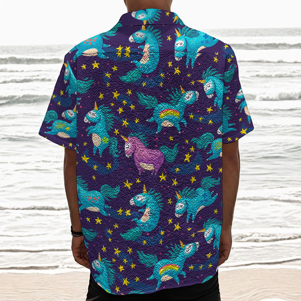 Night Star Unicorn Pattern Print Textured Short Sleeve Shirt