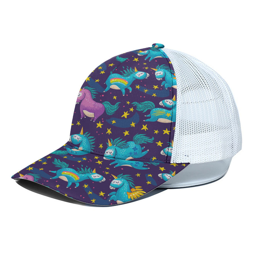 Night Star Unicorn Pattern Print White Mesh Trucker Cap