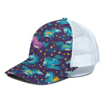 Night Star Unicorn Pattern Print White Mesh Trucker Cap