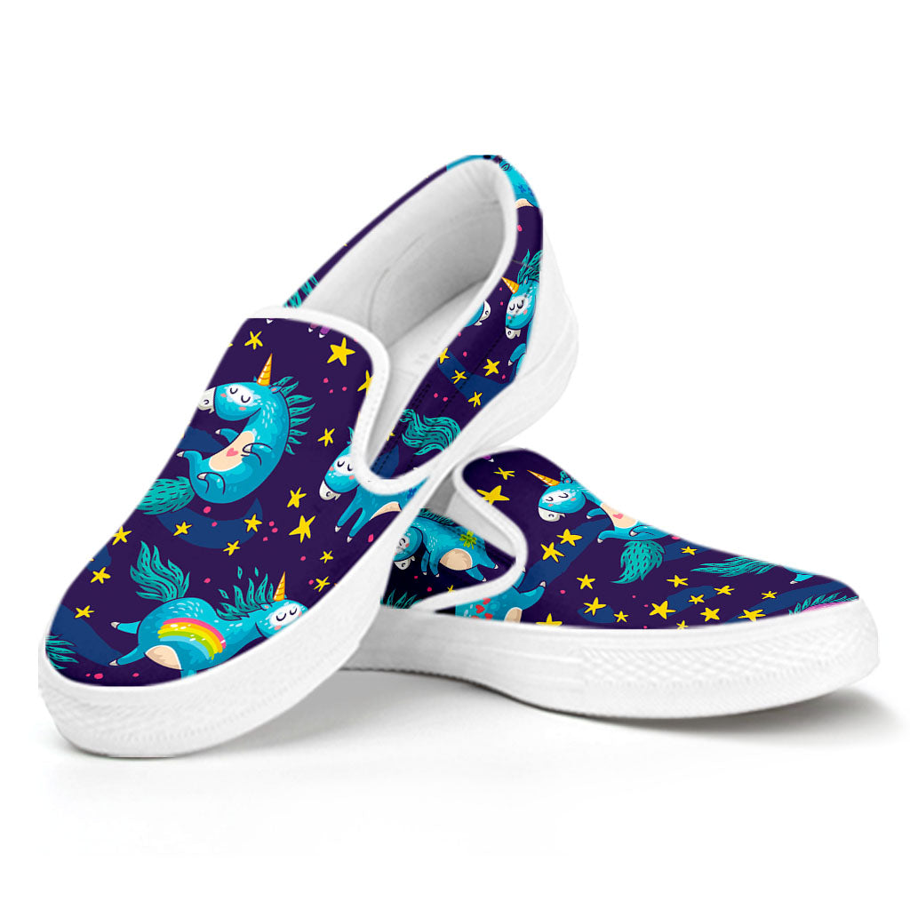 Night Star Unicorn Pattern Print White Slip On Sneakers
