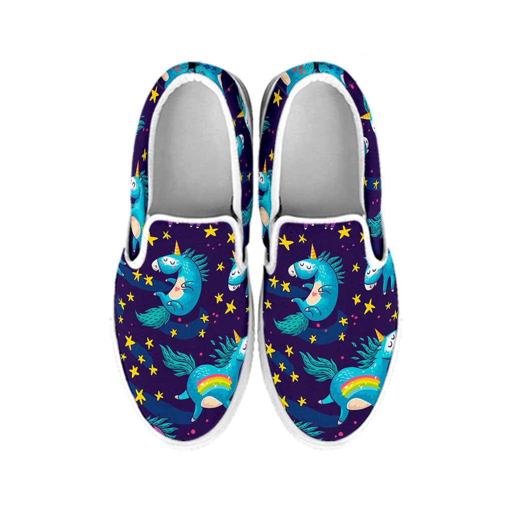 Night Star Unicorn Pattern Print White Slip On Sneakers