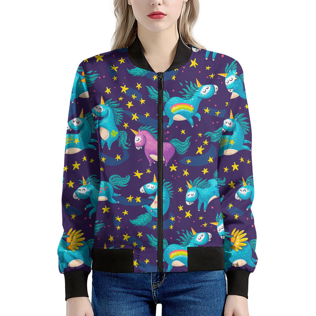 Night Star Unicorn Pattern Print Women's Bomber Jacket