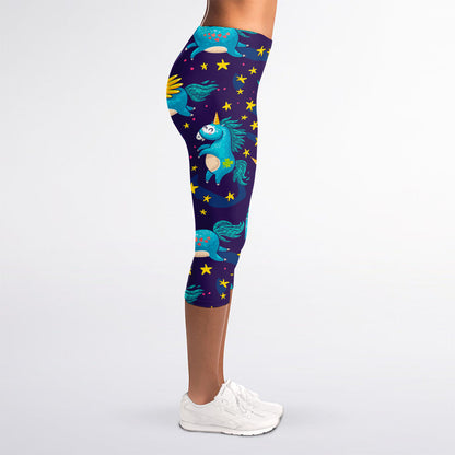 Night Star Unicorn Pattern Print Women's Capri Leggings