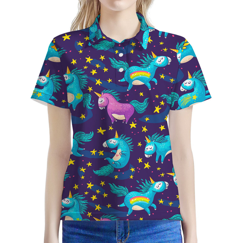 Night Star Unicorn Pattern Print Women's Polo Shirt