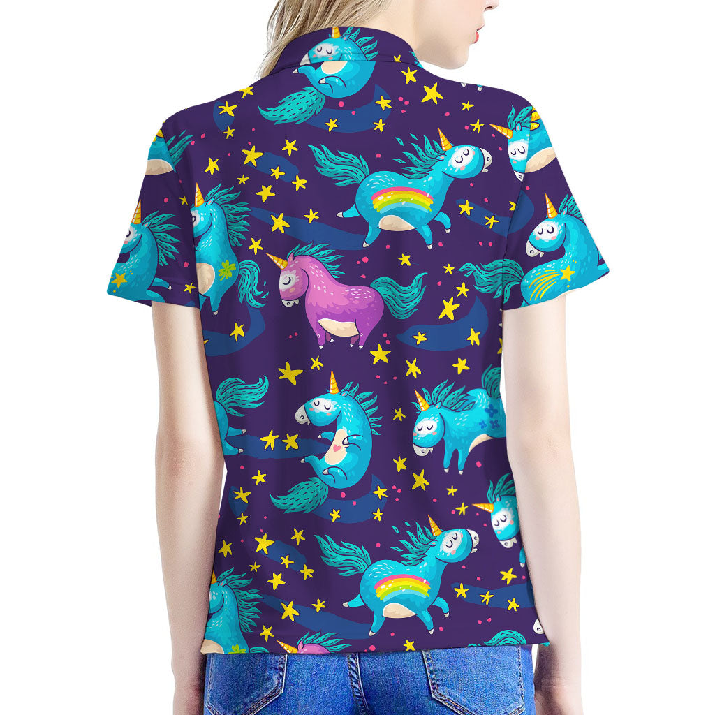 Night Star Unicorn Pattern Print Women's Polo Shirt
