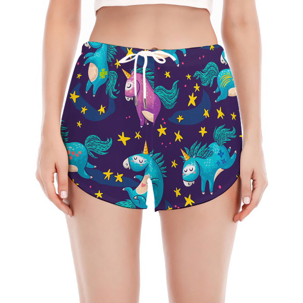 Night Star Unicorn Pattern Print Women's Split Running Shorts