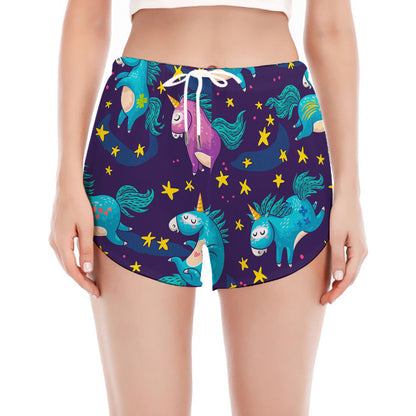 Night Star Unicorn Pattern Print Women's Split Running Shorts