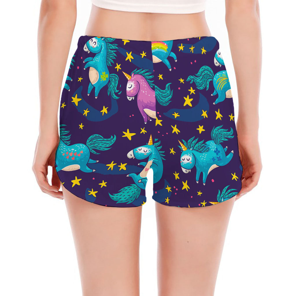Night Star Unicorn Pattern Print Women's Split Running Shorts