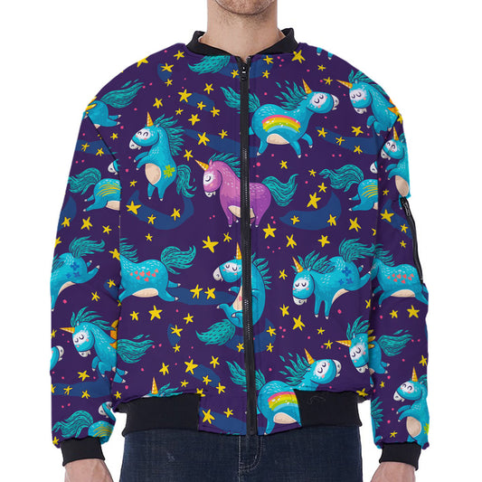 Night Star Unicorn Pattern Print Zip Sleeve Bomber Jacket