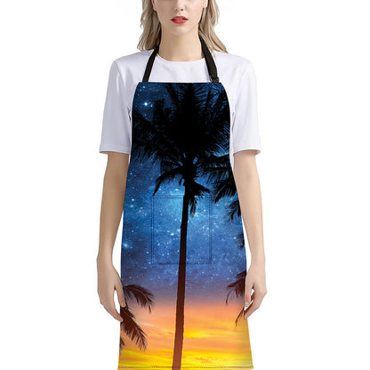 Night Sunset Sky And Palm Trees Print Bib Apron With Pocket