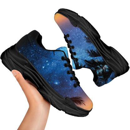 Night Sunset Sky And Palm Trees Print Black Chunky Shoes