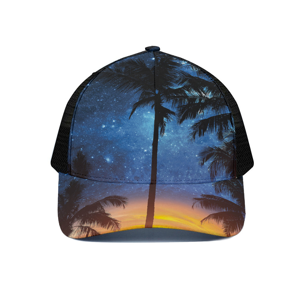 Night Sunset Sky And Palm Trees Print Black Mesh Trucker Cap