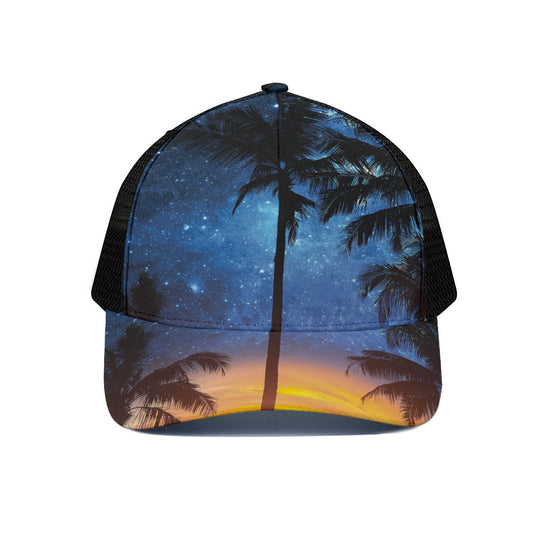 Night Sunset Sky And Palm Trees Print Black Mesh Trucker Cap