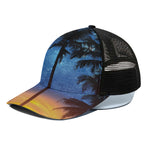 Night Sunset Sky And Palm Trees Print Black Mesh Trucker Cap