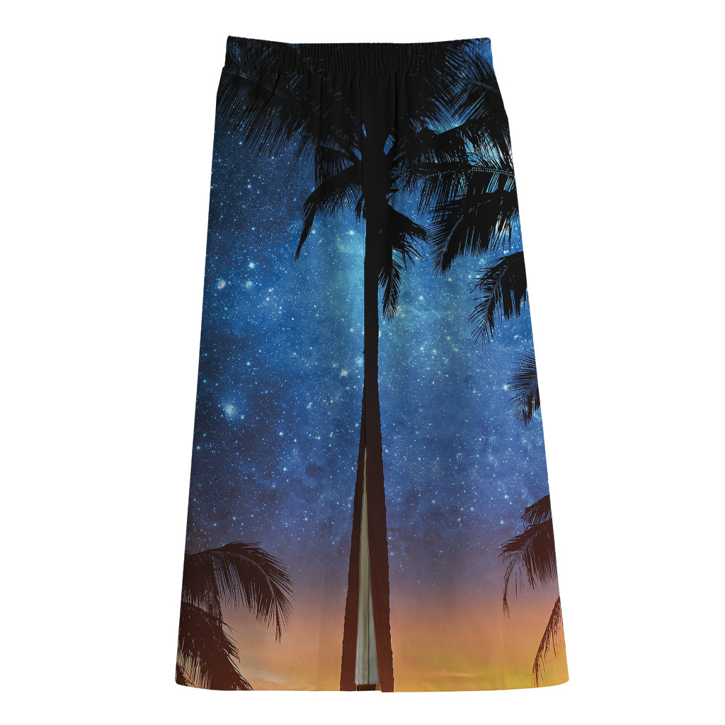 Night Sunset Sky And Palm Trees Print Cotton Front Slit Maxi Skirt