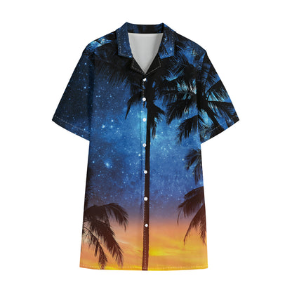 Night Sunset Sky And Palm Trees Print Cotton Hawaiian Shirt