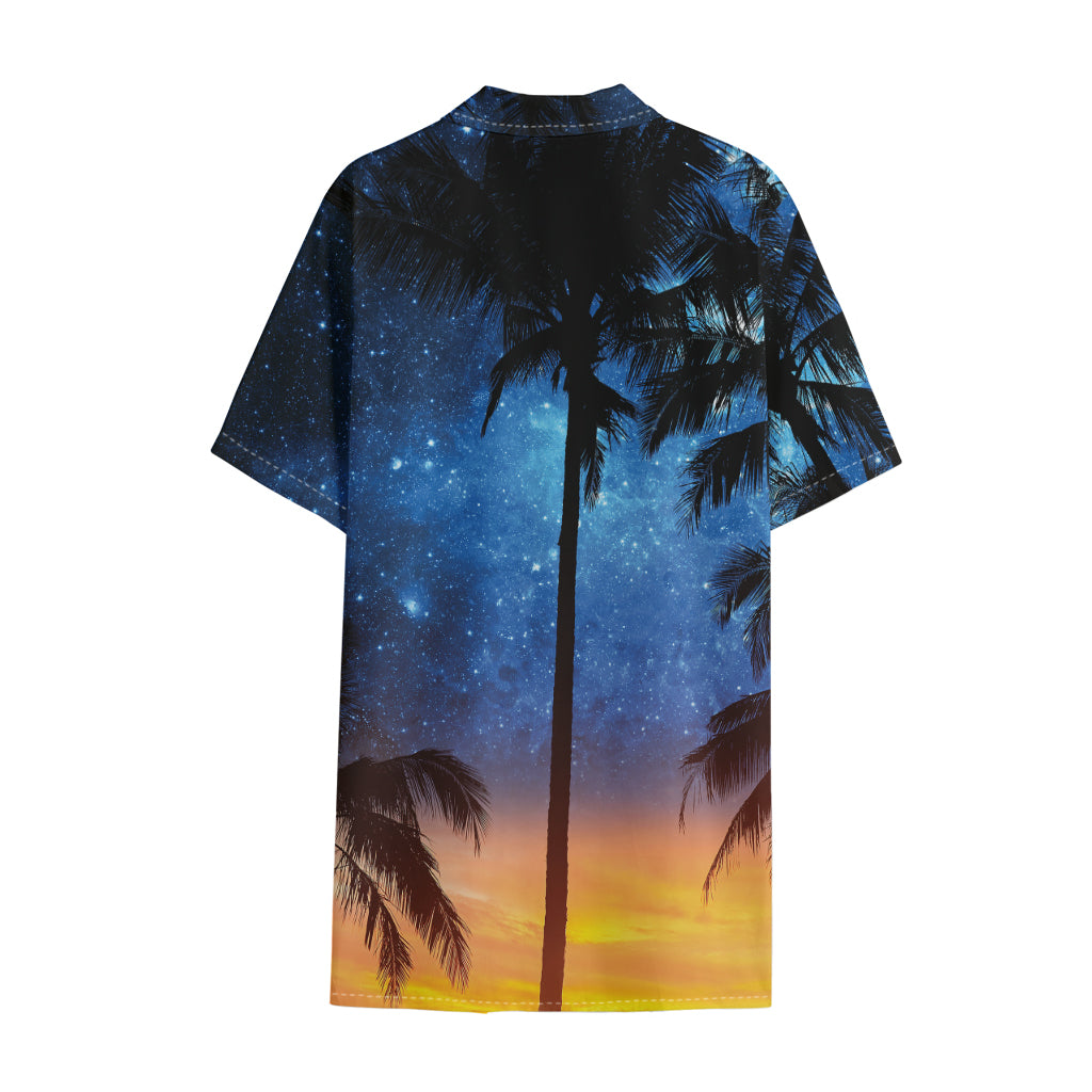 Night Sunset Sky And Palm Trees Print Cotton Hawaiian Shirt