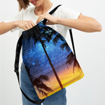 Night Sunset Sky And Palm Trees Print Drawstring Backpack