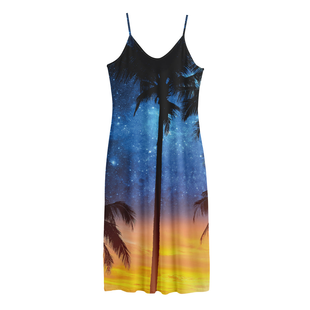 Night Sunset Sky And Palm Trees Print Jersey Midi Cami Dress