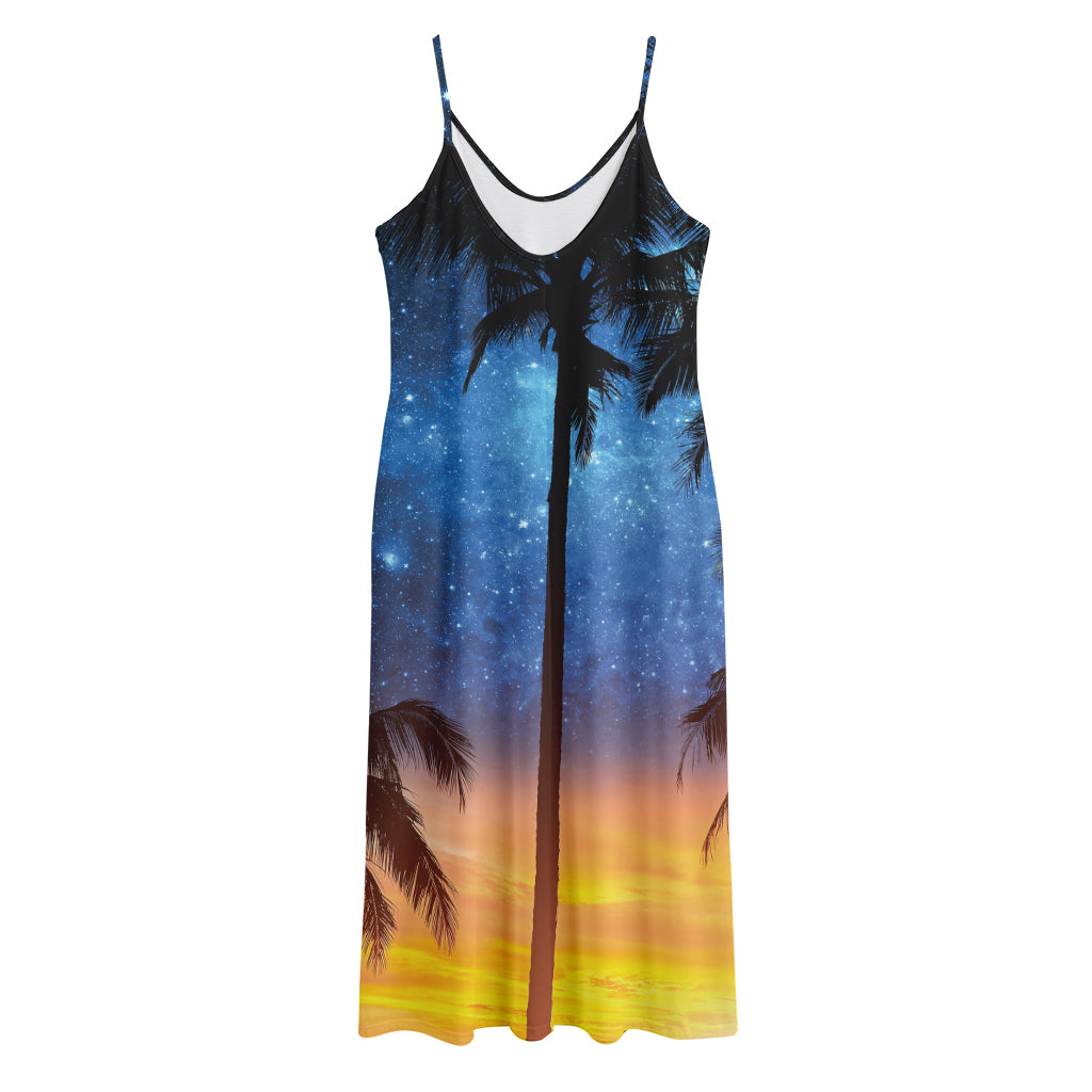 Night Sunset Sky And Palm Trees Print Jersey Midi Cami Dress