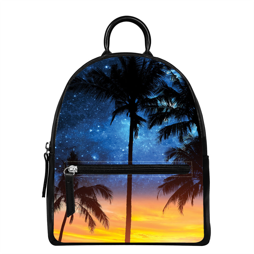 Night Sunset Sky And Palm Trees Print Leather Backpack