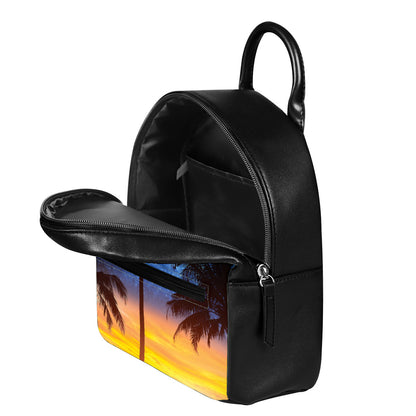 Night Sunset Sky And Palm Trees Print Leather Backpack