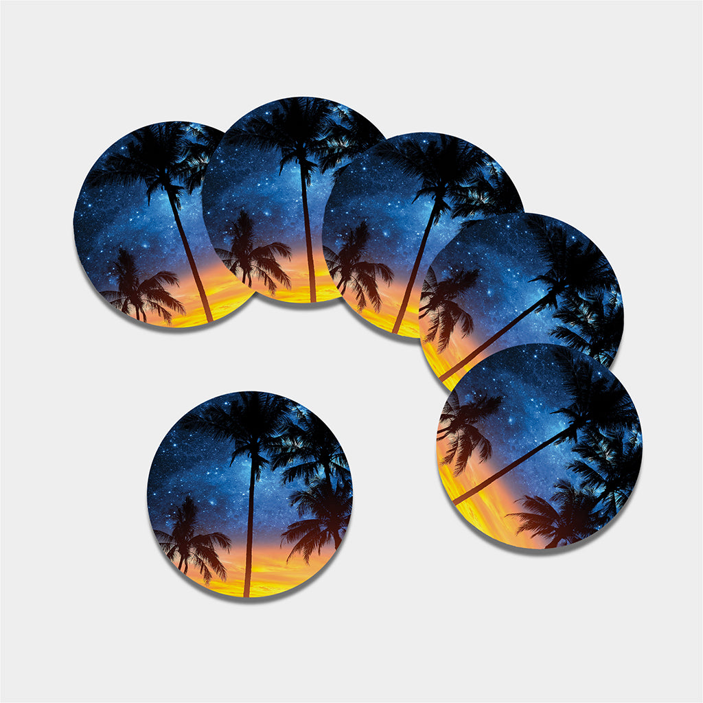 Night Sunset Sky And Palm Trees Print Leather Coaster Set