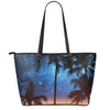 Night Sunset Sky And Palm Trees Print Leather Tote Bag