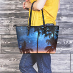 Night Sunset Sky And Palm Trees Print Leather Tote Bag