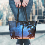 Night Sunset Sky And Palm Trees Print Leather Tote Bag