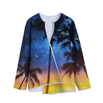 Night Sunset Sky And Palm Trees Print Long Sleeve Short Coat