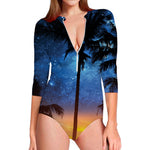 Night Sunset Sky And Palm Trees Print Long Sleeve Swimsuit