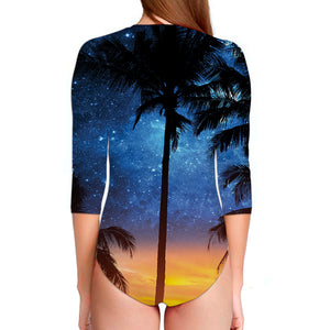 Night Sunset Sky And Palm Trees Print Long Sleeve Swimsuit