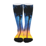 Night Sunset Sky And Palm Trees Print Long Socks